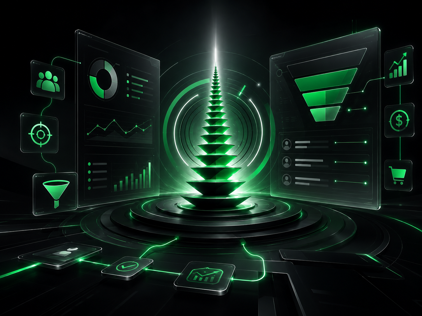 Dashboard visual de performance, funil e vendas
